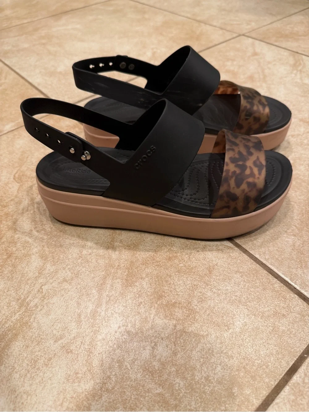 CROCS Women's Black and Leopard Print Wedge Sandals